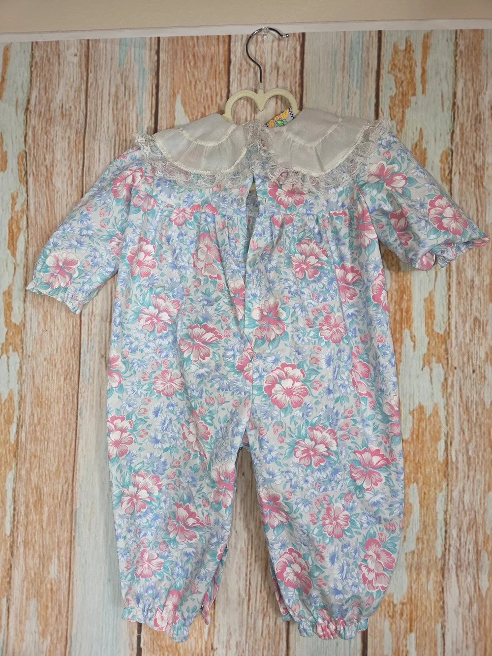 Y2K Lightning Bug Baby Girls Floral Blue & Pink One-Piece Romper w/ Lace Collar